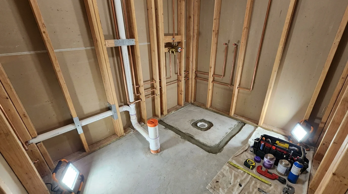 Bathroom rough-in plumbing during remodel by Johns Plumbing LLC in Lanai City
