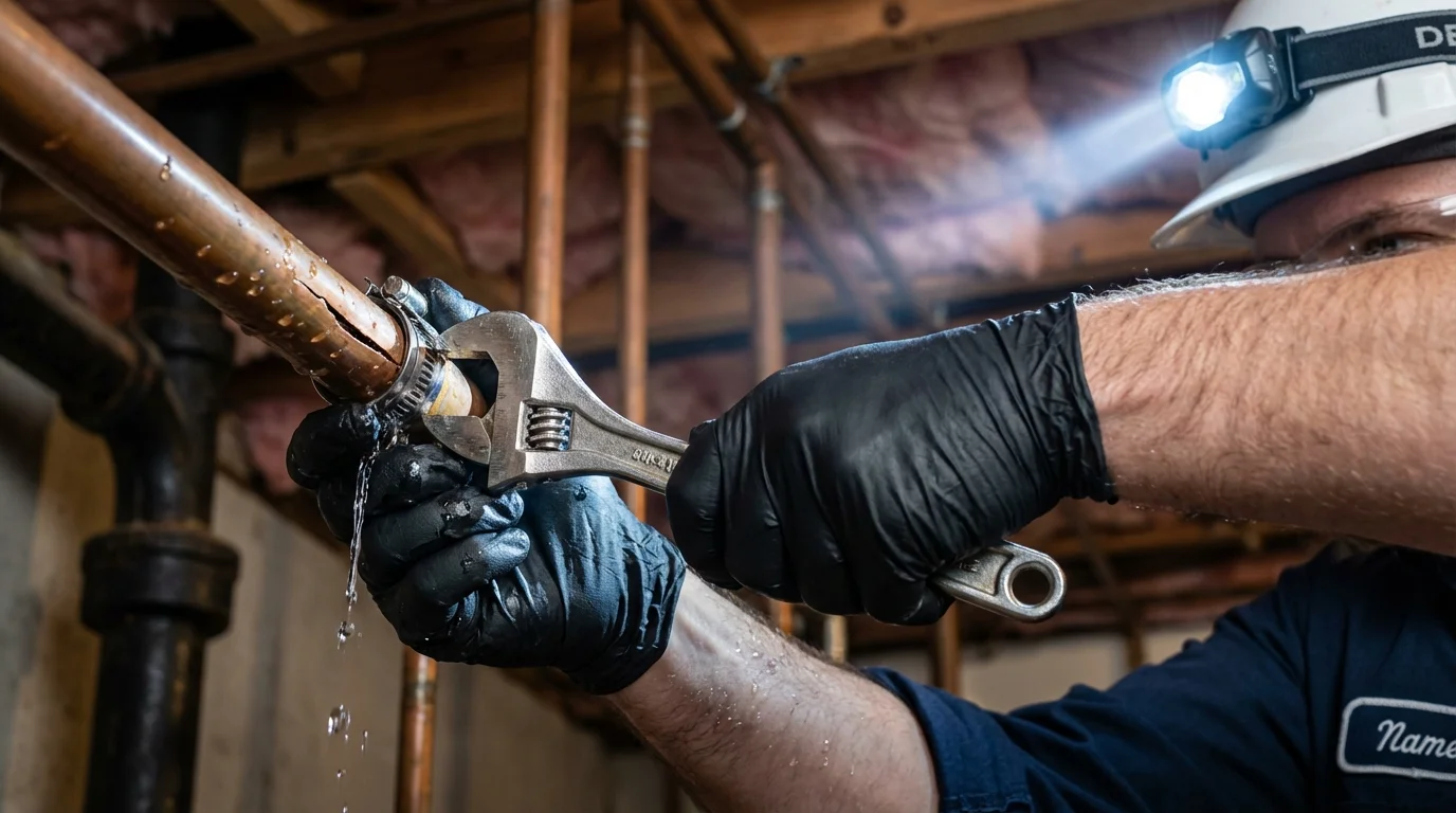 Emergency pipe clamp repair being performed by a Johns Plumbing LLC plumber in Lanai City