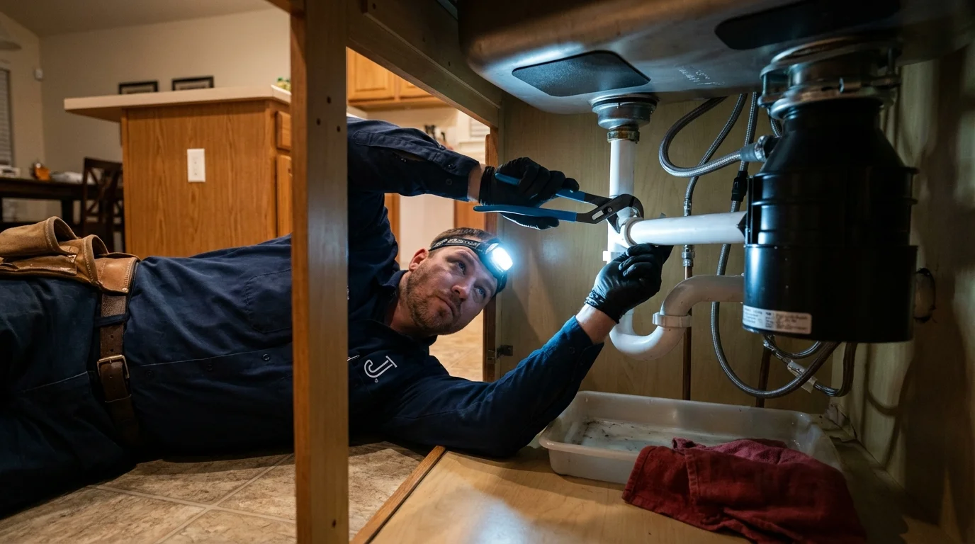 P-trap and supply line connections under a kitchen sink showing a common leak point in Lanai City, HI